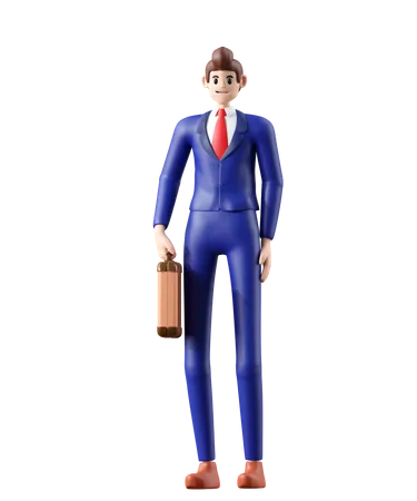 Businessman Standomg And Holding Briefcase 3 D Illustration Of Cute Cartoon Smiling Isolated On White Background 3D Illustration