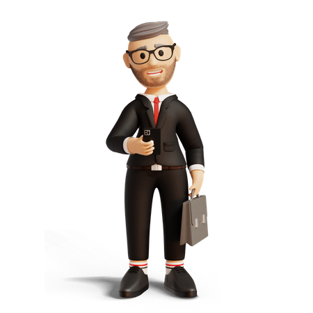 Businessman holding briefcase and using mobile  3D Illustration