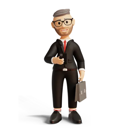 Businessman holding briefcase and using mobile  3D Illustration