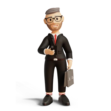 Businessman holding briefcase and using mobile 3D Illustration