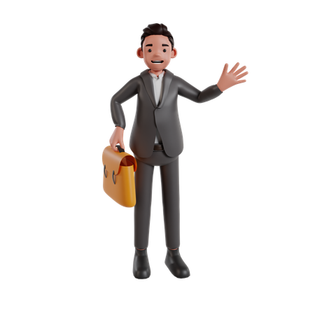 Businessman Holding Briefcase And Waving Hand  3D Illustration