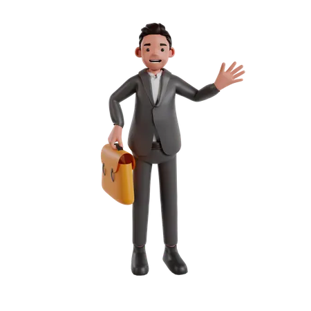 Businessman Holding Briefcase And Waving Hand  3D Illustration