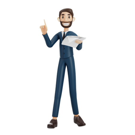 Businessman Holding Business Report While Pointing Something Up  3D Illustration