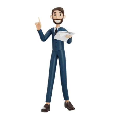 Businessman Holding Business Report While Pointing Something Up  3D Illustration
