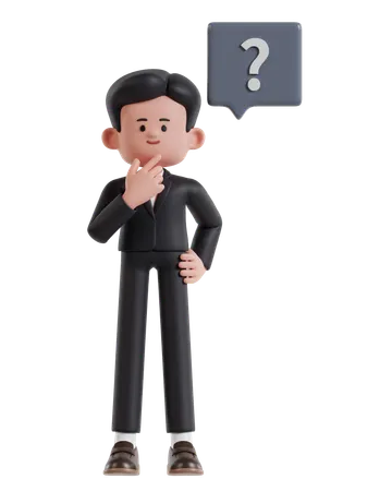 3 D Illustration Of Cartoon Businessman Holding Chin While Thinking With Question Mark 3D Illustration