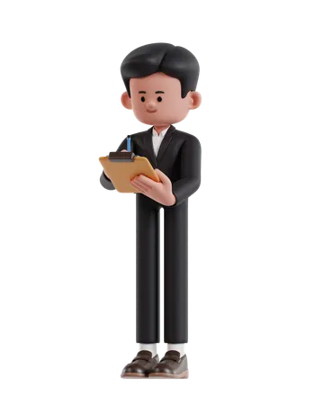 3 D Illustration Of Cartoon Cute Businessman Holding Clipboard And Writing With Pencil 3D Illustration