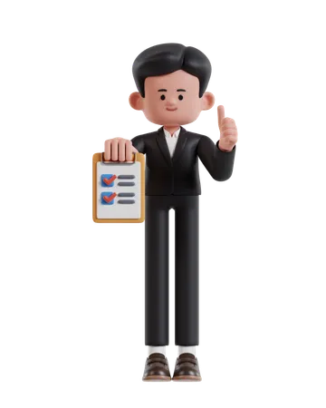 3 D Illustration Of Cartoon Businessman Holding Clipboard Completing Task With Checklist 3D Illustration