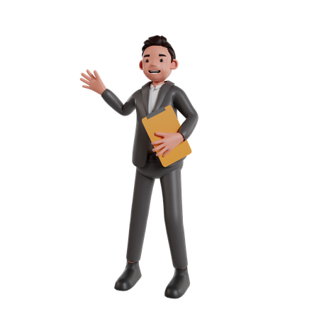 Businessman Holding Clipboard While Waving Hand  3D Illustration