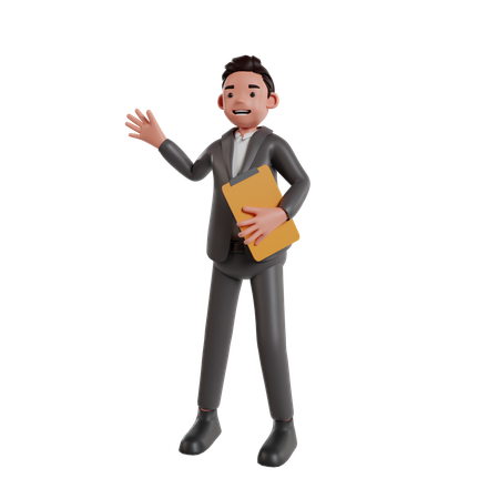 Businessman Holding Clipboard While Waving Hand  3D Illustration