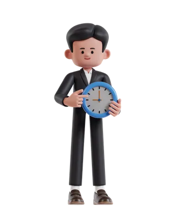 3 D Illustration Of Cartoon Businessman Holding Clock 3D Illustration