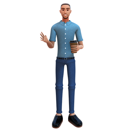 Businessman holding coffee and waving hand  3D Icon