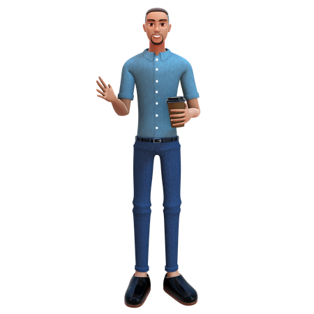Businessman holding coffee and waving hand 3D Illustration