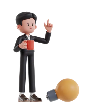 3 D Illustration Of Cartoon Businessman Holding Coffee Cup And Getting Inspiration 3D Illustration