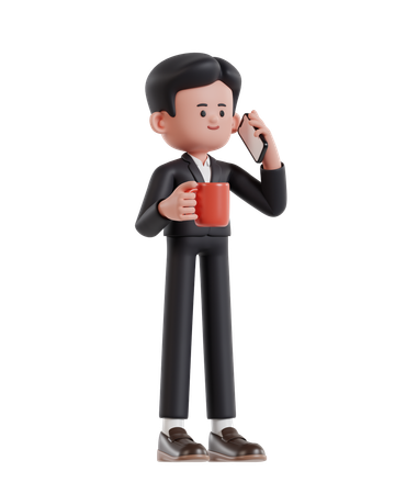 Businessman holding coffee cup and talking on cell phone  3D Illustration