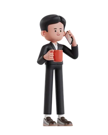 3 D Illustration Of Cartoon Businessman Holding Coffee Cup And Talking On Cell Phone 3D Illustration