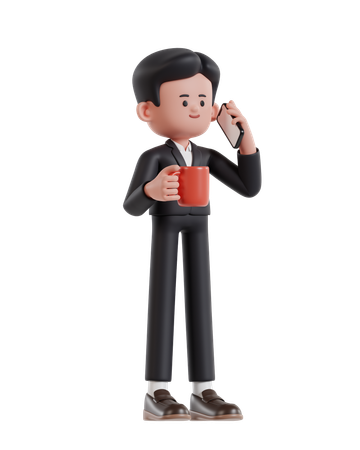 Businessman holding coffee cup and talking on cell phone  3D Icon