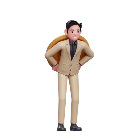 Businessman Carrying A Giant Coin On His Back 3 D Businessman Character Illustration 3D Illustration
