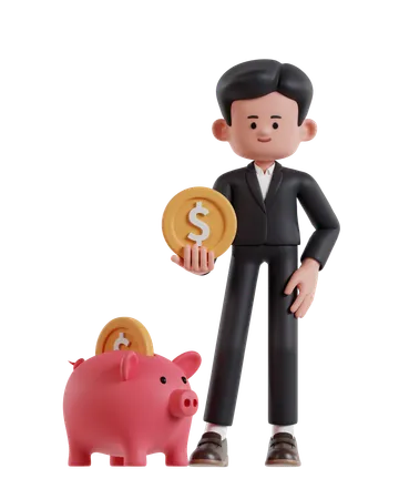 3 D Illustration Of Cartoon Businessman Holding Coins Is Saving In Piggy Bank 3D Illustration