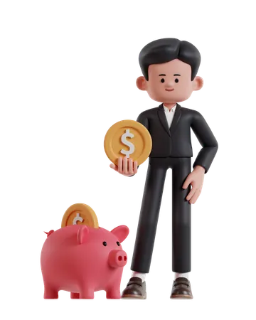 Businessman holding coins is saving in piggy bank  3D Illustration