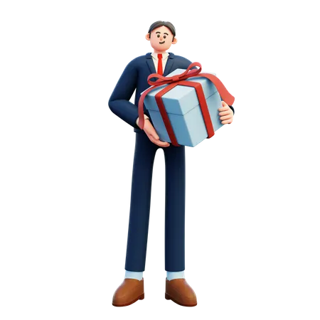 Businessman Holding Gift Box  3D Illustration