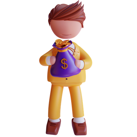 Businessman holding gold coin bag 3D Illustration