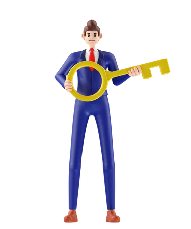 Businessman Holding Key Point Of Successful 3 D Illustration Of Cute Cartoon Smiling Isolated On White Background 3D Illustration