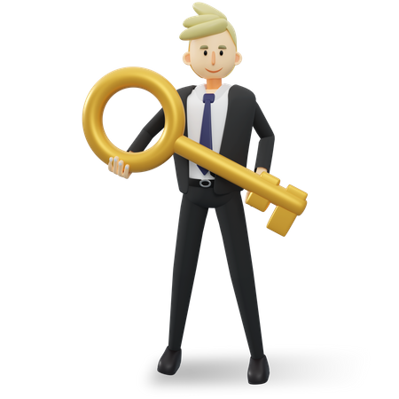 Businessman holding key to success  3D Icon