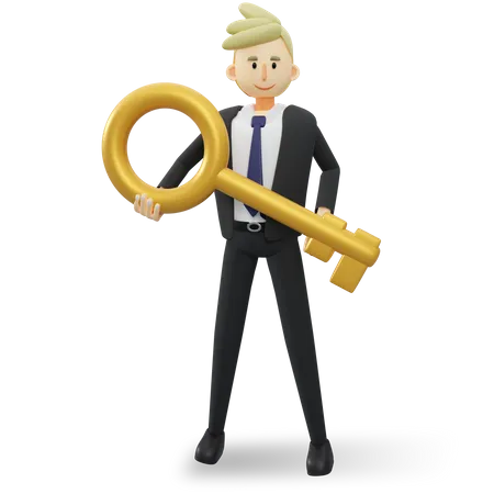 Businessman holding key to success  3D Illustration