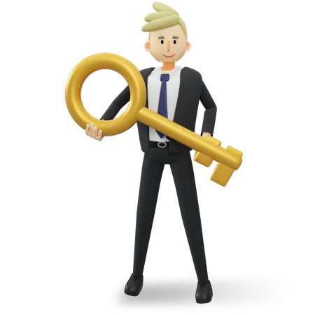 Businessman holding key to success 3D Illustration