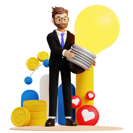 Businessman Holding Lamp  3D Illustration