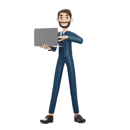 Businessman Holding Laptop  3D Illustration