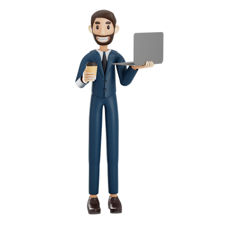 Businessman Holding Laptop And Coffee Cup  3D Illustration