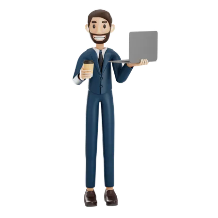Businessman Holding Laptop And Coffee Cup  3D Illustration