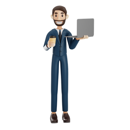 Businessman Holding Laptop And Coffee Cup  3D Icon