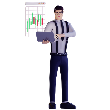 Businessman holding laptop and doing market analysis  3D Illustration