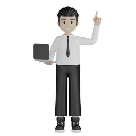 Businessman holding laptop and pointing up  3D Illustration