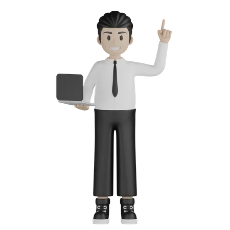 Businessman holding laptop and pointing up  3D Illustration
