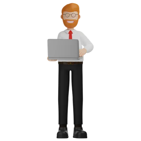 Businessman Holding laptop and woking on laptop 3D Illustration