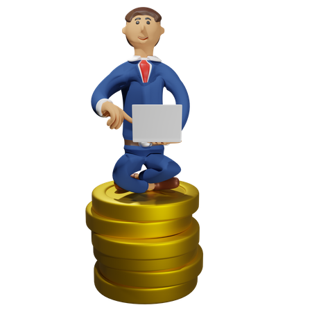 Businessman holding laptop sitting on coins  3D Illustration