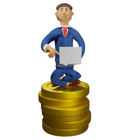 Businessman Holding Laptop Sitting On Coins Download This Item Now 3D Illustration