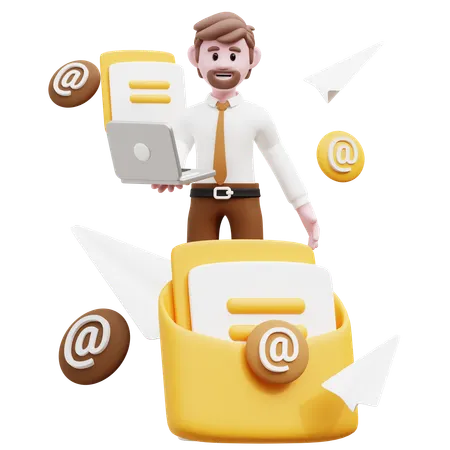 Businessman Holding Laptop While Doing Email Marketing  3D Illustration