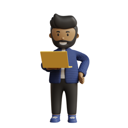 Businessman holding laptop while standing  3D Icon