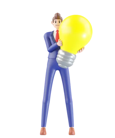 Businessman Standing And Holding Light Bulb 3 D Illustration Of Cute Cartoon Smiling Isolated On White Background 3D Illustration
