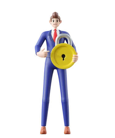 Businessman holding locket key point to successful  3D Illustration