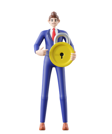 Businessman holding locket key point to successful  3D Illustration