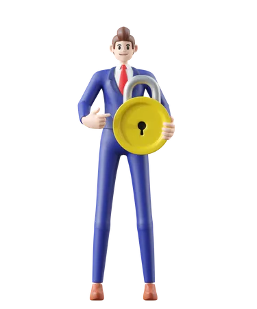 Businessman Holding Locket Key Point To Successful 3 D Illustration Of Cute Cartoon Smiling Isolated On White Background 3D Illustration