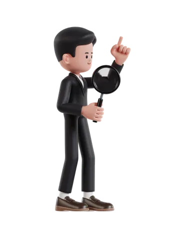 3 D Illustration Of Cartoon Businessman Holding A Magnifying Glass Looking For Business Solutions 3D Illustration