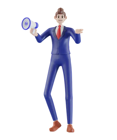 Businessman Hand Gesture Holding Megaphone 3 D Illustration Of Cute Cartoon Smiling Isolated On White Background 3D Illustration