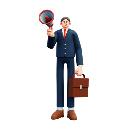 Businessman Holding Megaphone And Briefcase  3D Illustration