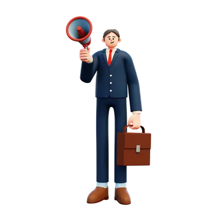 Businessman Holding Megaphone And Briefcase  3D Illustration